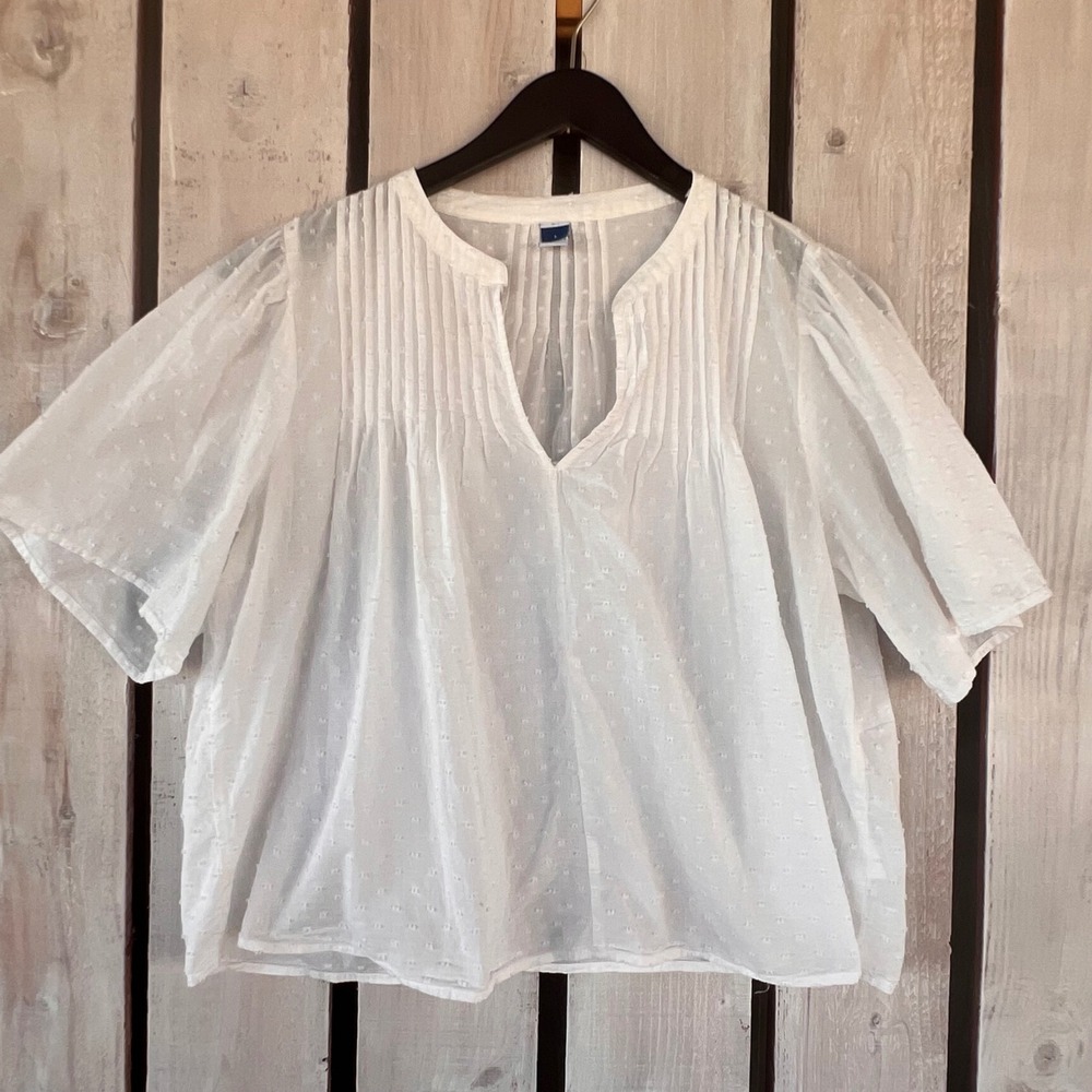 Old Navy Swiss Dot Blouse Womens Large White Good Pintuck Short Sleeve Boho Top